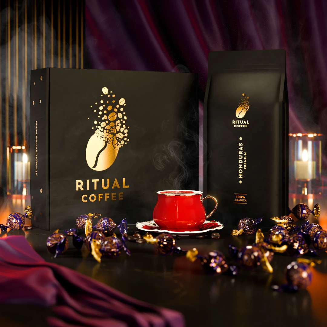 Wizualizacja produktowa 3D zestawu prezentowego kawy z czerwoną filiżanką i ziarnami w ujęciu lifestyle