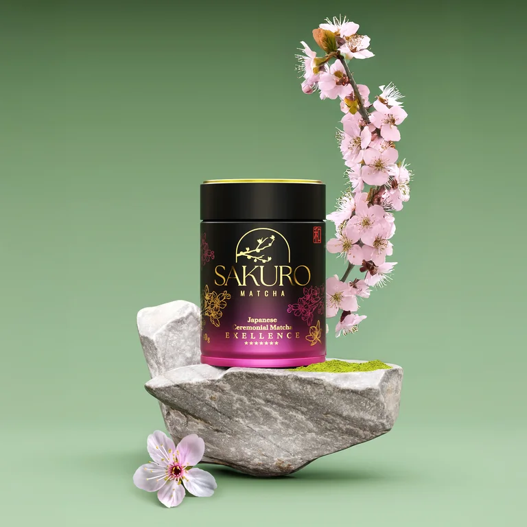 Wizualizacja produktowa opakowania Sakuro Matcha w aranżacji z kamieniem i kwiatami
