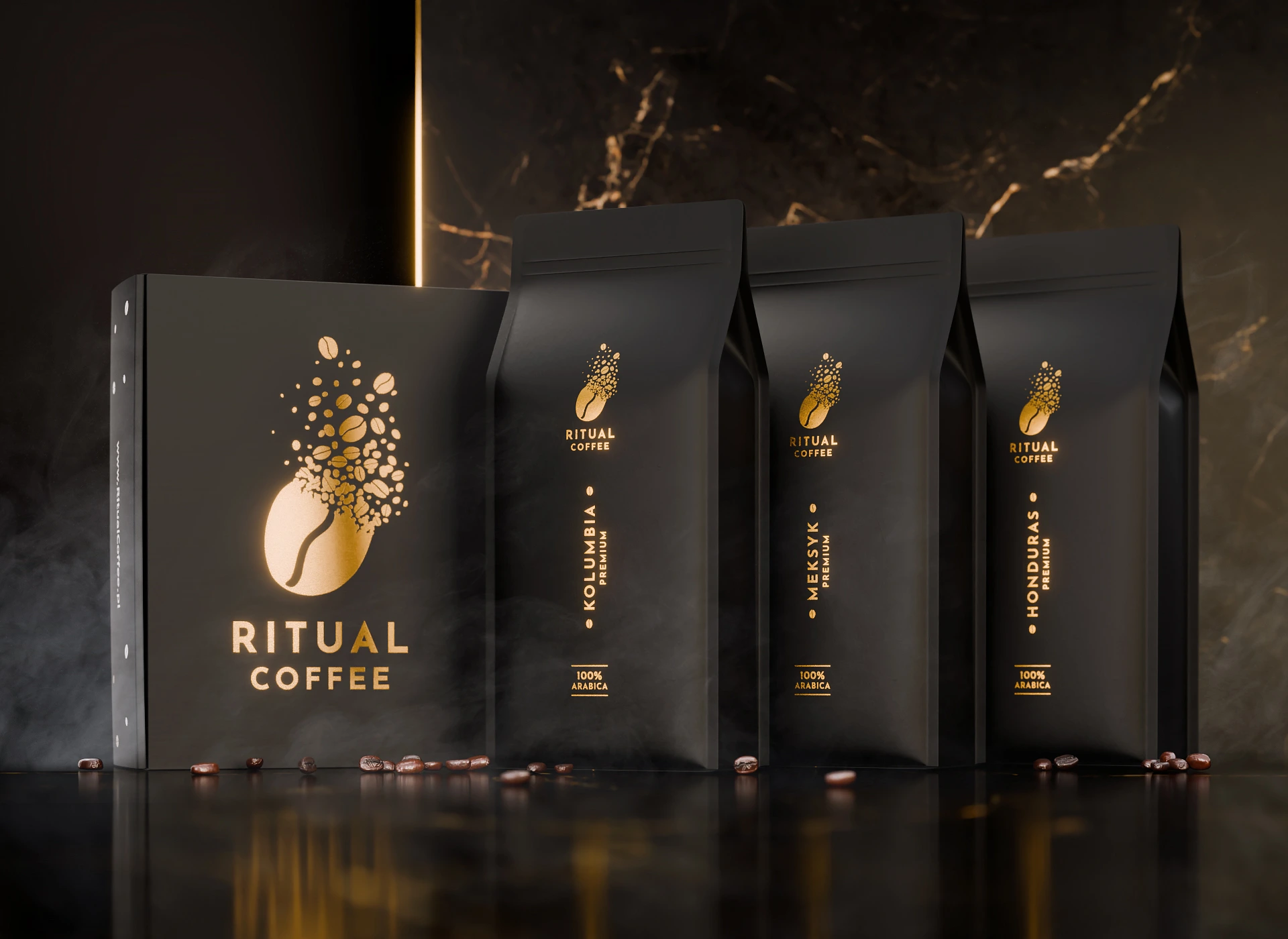 Seria Produktowa Kaw 1kg (3 szt.) — fotorealistyczna wizualizacja 3D opakowania kawy Ritual Coffee