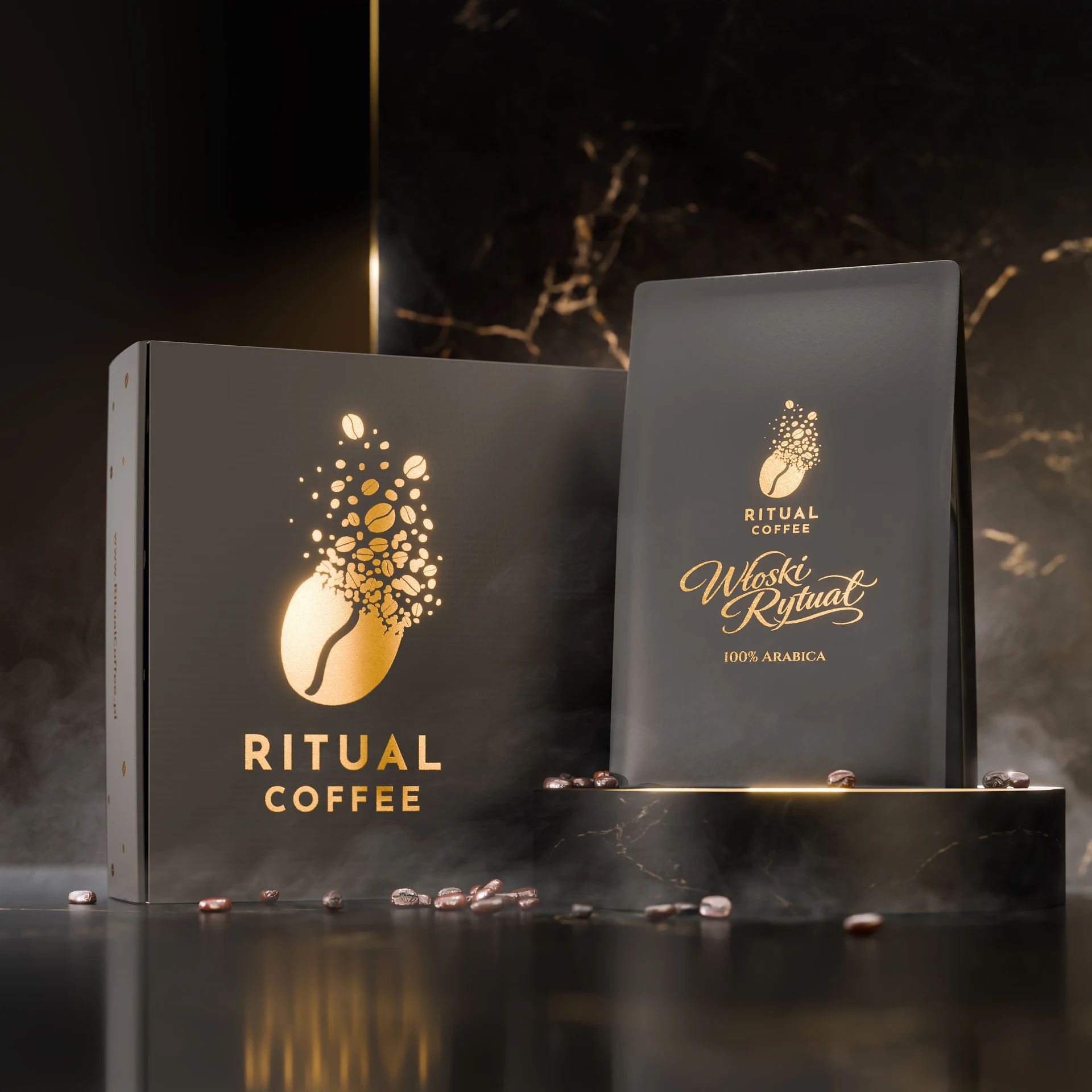Packshot 3D pudełka i torby kawy ziarnistej Ritual Coffee